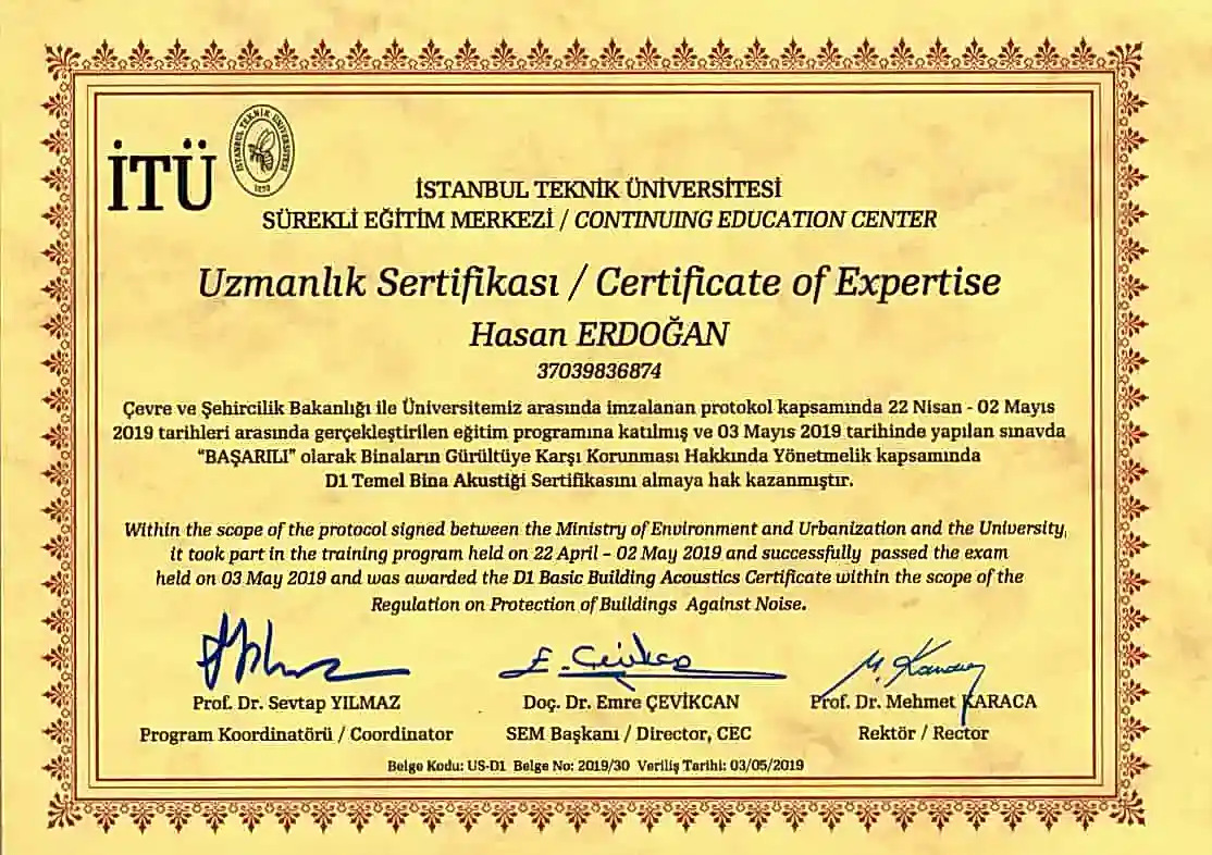 Akustik Yetki Sertifikamız